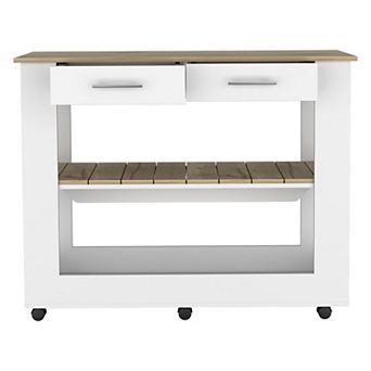 DEPOT E-SHOP Delos 46 Kitchen Island White, 6 Casters, 2Drawers, Lower Open Shelf, White / Light Oak