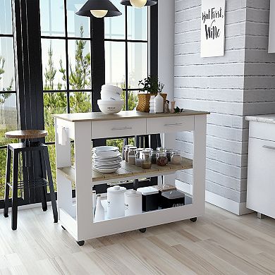 DEPOT E-SHOP Delos 46 Kitchen Island White, 6 Casters, 2Drawers, Lower Open Shelf, White / Light Oak