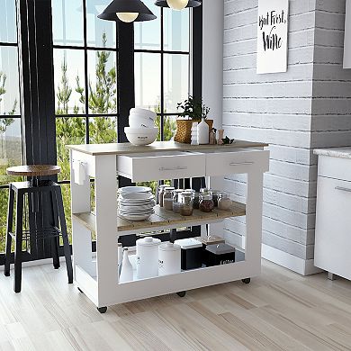 DEPOT E-SHOP Delos 46 Kitchen Island White, 6 Casters, 2Drawers, Lower Open Shelf, White / Light Oak