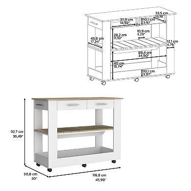DEPOT E-SHOP Delos 46 Kitchen Island White, 6 Casters, 2Drawers, Lower Open Shelf, White / Light Oak