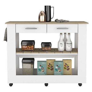 DEPOT E-SHOP Delos 46 Kitchen Island White, 6 Casters, 2Drawers, Lower Open Shelf, White / Light Oak