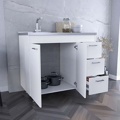 DEPOT E-SHOP Rushville Base Double Door Cabinet, Three Drawers, White