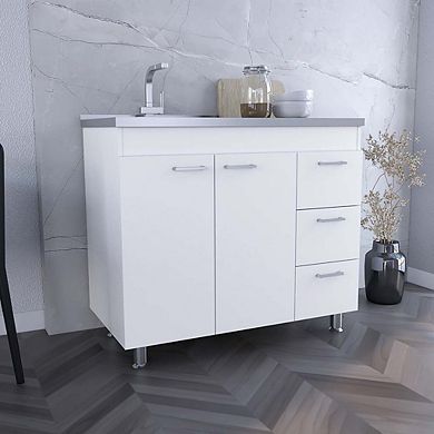 DEPOT E-SHOP Rushville Base Double Door Cabinet, Three Drawers, White