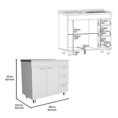 DEPOT E-SHOP Rushville Base Double Door Cabinet, Three Drawers, White