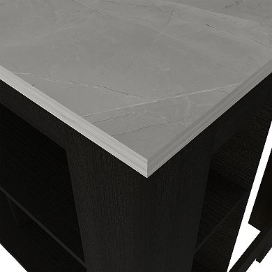 DEPOT E-SHOP Delos Kitchen Island, Four Legs, Three Shelves, Black / Ibiza Marble