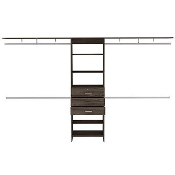 DEPOT E-SHOP Zamora 69"W - 118"W Closet System, 4 Hanging Rods, 3 Drawers, 5 Shelves, Dark Walnut