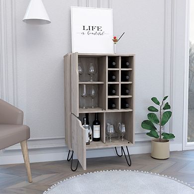DEPOT E-SHOP Zamna L Bar Single Door Cabinet, Eight Built-in Wine Rack, Four Legs, Light Gray