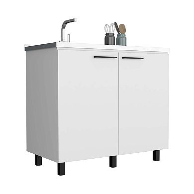 DEPOT E-SHOP Salento 2 Freestanding Utility Base Cabinet with Stainless Steel Countertop and 2-Door, White