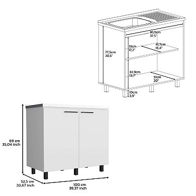 DEPOT E-SHOP Salento 2 Freestanding Utility Base Cabinet with Stainless Steel Countertop and 2-Door, White