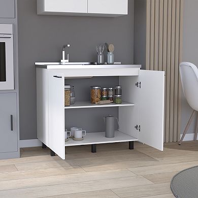 DEPOT E-SHOP Salento 2 Freestanding Utility Base Cabinet with Stainless Steel Countertop and 2-Door, White