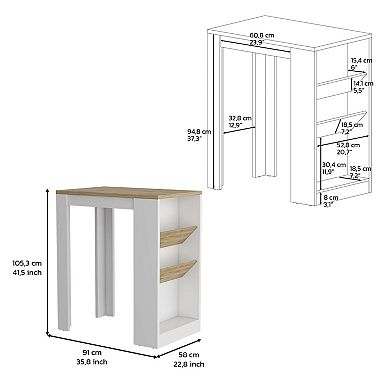 DEPOT E-SHOP Kenton Kitchen Island with 2 Bottle Organizer and Shelf, White / Macadamia