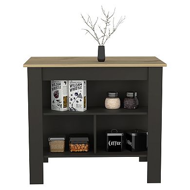 DEPOT E-SHOP Delos Kitchen Island, Four Legs, Three Shelves, Black / Light Oak