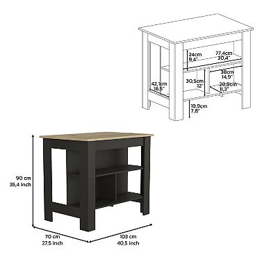 DEPOT E-SHOP Delos Kitchen Island, Four Legs, Three Shelves, Black / Light Oak