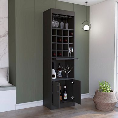 DEPOT E-SHOP Athens Kava Bar Cabinet, 16 Built-in Wine Rack, Two Door Cabinet, Two Shelves, Black