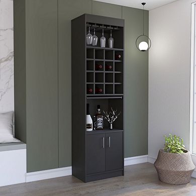 DEPOT E-SHOP Athens Kava Bar Cabinet, 16 Built-in Wine Rack, Two Door Cabinet, Two Shelves, Black