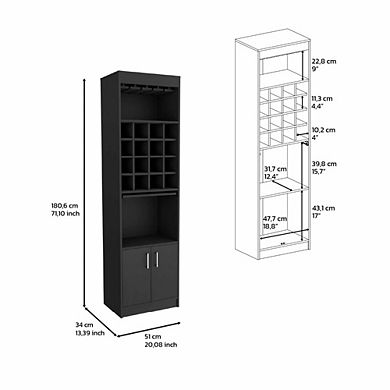 DEPOT E-SHOP Athens Kava Bar Cabinet, 16 Built-in Wine Rack, Two Door Cabinet, Two Shelves, Black