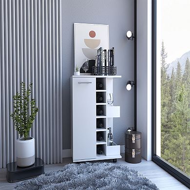 DEPOT E-SHOP Magda Bar Cart, Four Casters, Six Built-in Wine Rack, White