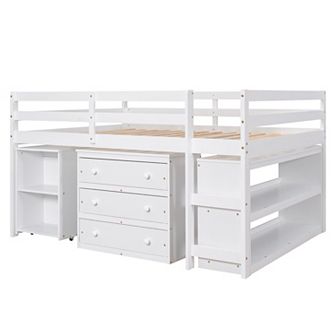 Merax Loft Bed with Cabinet and Rolling Portable Desk Full Bed