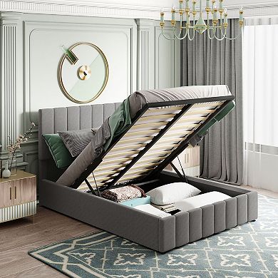 MERAX Upholstered Platform Bed with a Hydraulic Storage System