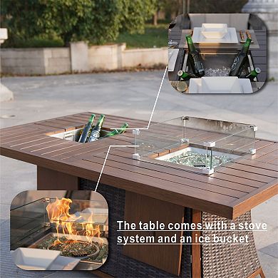 7-piece Patio Wicker Rectangular Aluminium Fire Pit Dining Set With Wind Guard And Ice Bucket