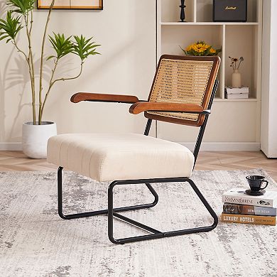 Unikome Rattan Accent Chair with Cane Backrest and Metal Frame, Mid Century Modern Armchair