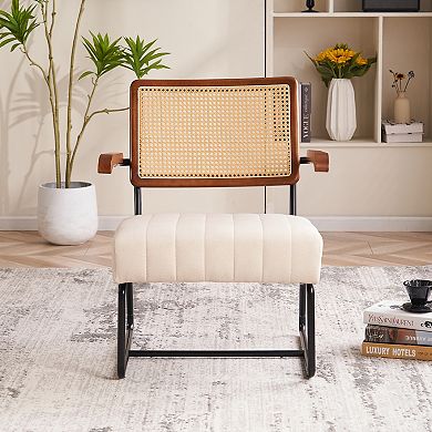 Unikome Rattan Accent Chair with Cane Backrest and Metal Frame, Mid Century Modern Armchair