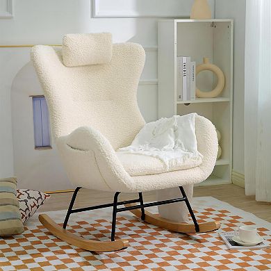 Soft Foam Swinging Rocking Chair With Rubber Wood Leg And Cashmere Teddy Fabric Cover