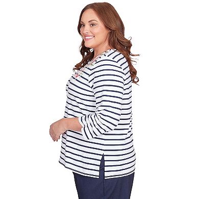Plus Size Alfred Dunner Floral Accent Striped Long Sleeve Top