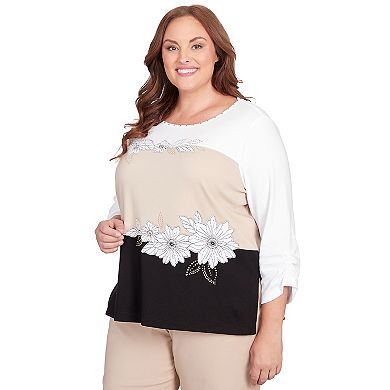 Plus Size Alfred Dunner Color Blocked Floral Embroidery Long Sleeve Top