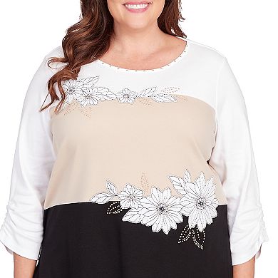 Plus Size Alfred Dunner Color Blocked Floral Embroidery Long Sleeve Top