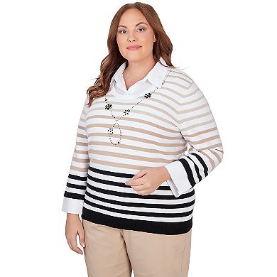 Plus Size Alfred Dunner Layered Collar Floral Embellished Striped Sweater