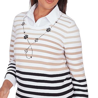 Women's Alfred Dunner Collar Trimmed Embellished Stripe Sweater
