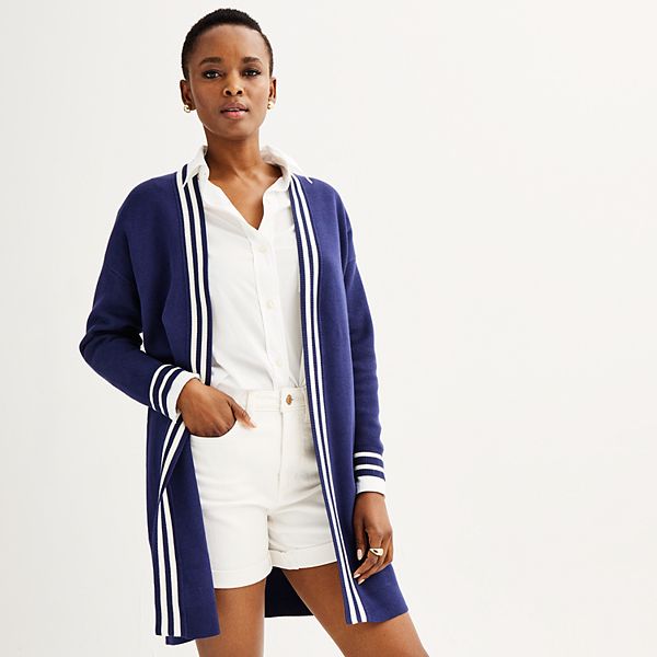 Contrast Striped Open Front Long Sleeve Cardigan