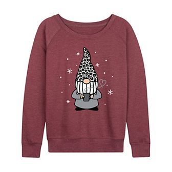 Women's Snow Leopard Print Coffee Gnome French Terry Long Sleeve Tee