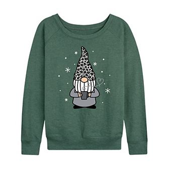 Women's Snow Leopard Print Coffee Gnome French Terry Long Sleeve Tee