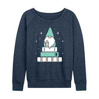 Women's Gnome with Coffee and Books French Terry Long Sleeve Tee