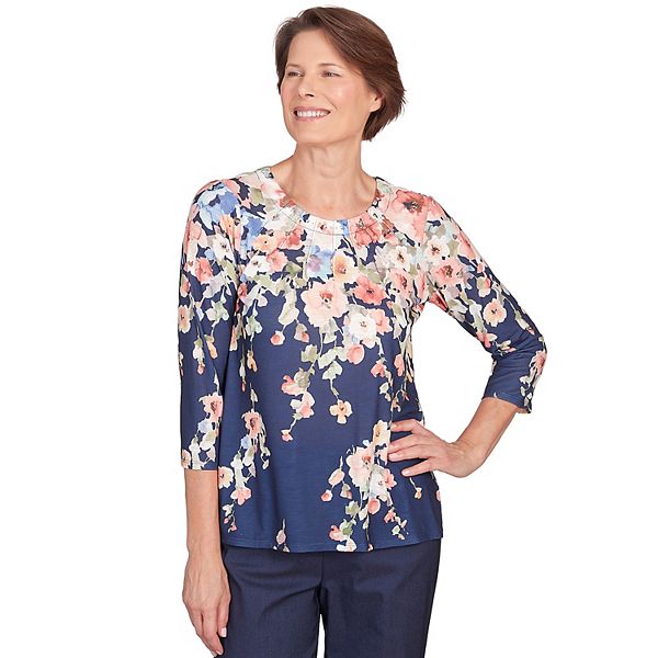 Petite Alfred Dunner Floral Garden Pleated Neck Top