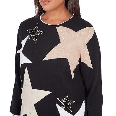 Petite Alfred Dunner Star Patch Crew Neck Sweater