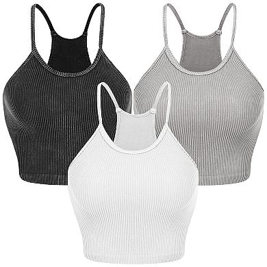 Women's Crop Basic Tank Top, 3 Pack, Ribbed Knit Sleeveless Round Neck, Machine Wash Summer Wear