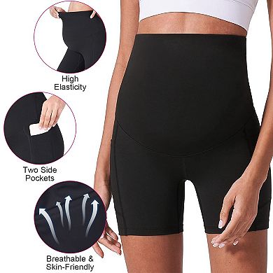 Women Maternity Shorts Seamless Pregnancy Underwear High Waist Over The Belly Pants With Two Pockets