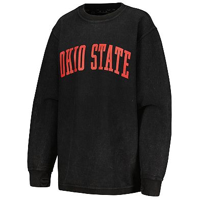 Women's Pressbox Black Ohio State Buckeyes Comfy Corded Vintage Wash Basic Arch Pullover Sweatshirt