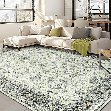 Glowsol Machine Washable Floral Print Area Rug Indoor Vintage Floor Cover For Home Decor