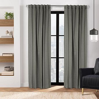 Room Darkening Trendy Textured Herringbone Motif Dual Header Curtain Panel