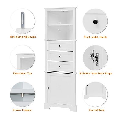 Merax Triangle Tall Cabinet With 3 Drawers And Adjustable Shelves For Bathroom