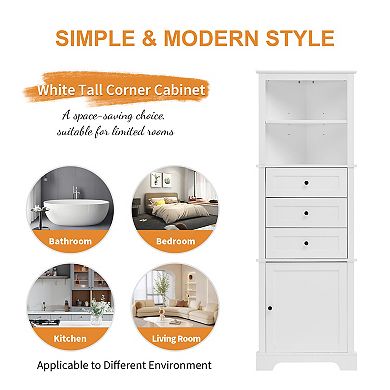Merax Triangle Tall Cabinet With 3 Drawers And Adjustable Shelves For Bathroom