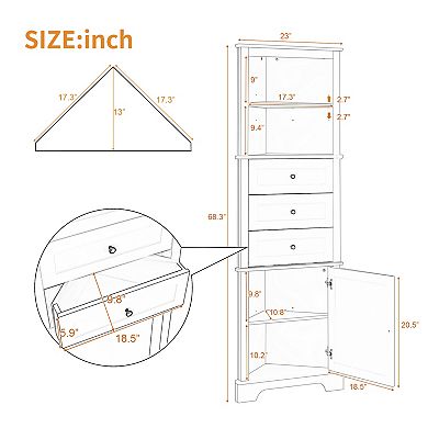 Merax Triangle Tall Cabinet With 3 Drawers And Adjustable Shelves For Bathroom