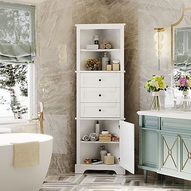 Merax Triangle Tall Cabinet With 3 Drawers And Adjustable Shelves For Bathroom