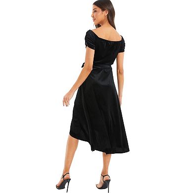 Quiz Women's Velvet Bardot Ruched Sleeves Evening Dress