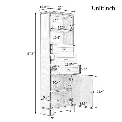 Merax Tall Storage Cabinet With 3 Drawers And Adjustable Shelves