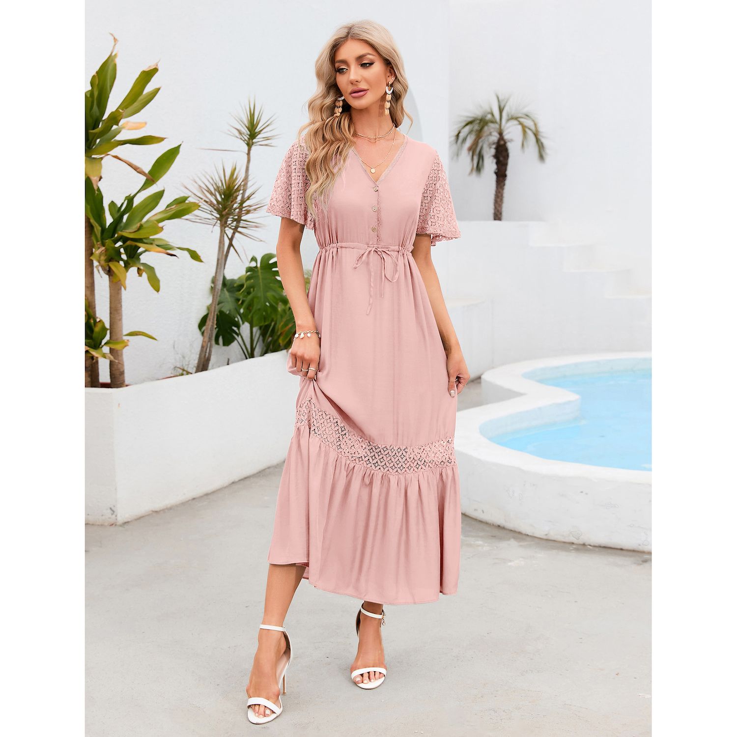 Women's ASL I Love You Print Maxi Dress - Short Sleeve Flowy Beach Dress, Round Neck, Spring Summer - View #10